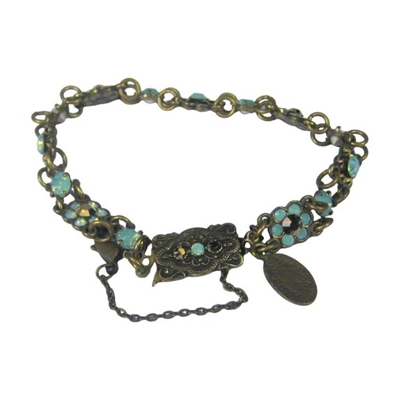 Michal Negrin Bronze Chain Bracelet Flower Swarovski AB Crystals Victorian Reviv - Picture 1 of 8